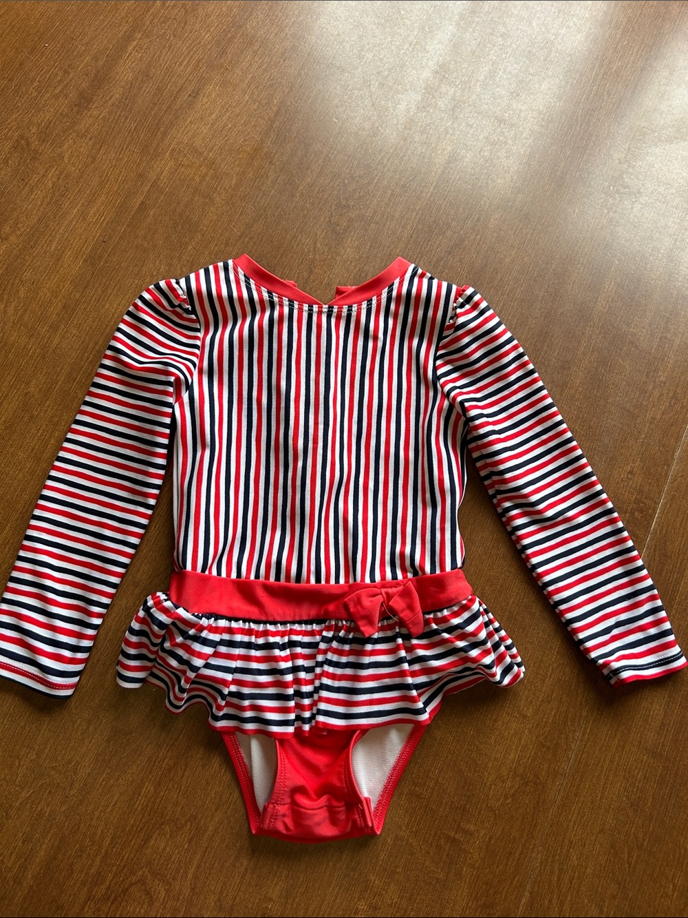 Cat & Jack Red, White & Navy Striped Long-Sleeve One-Piece Swim with Skirt